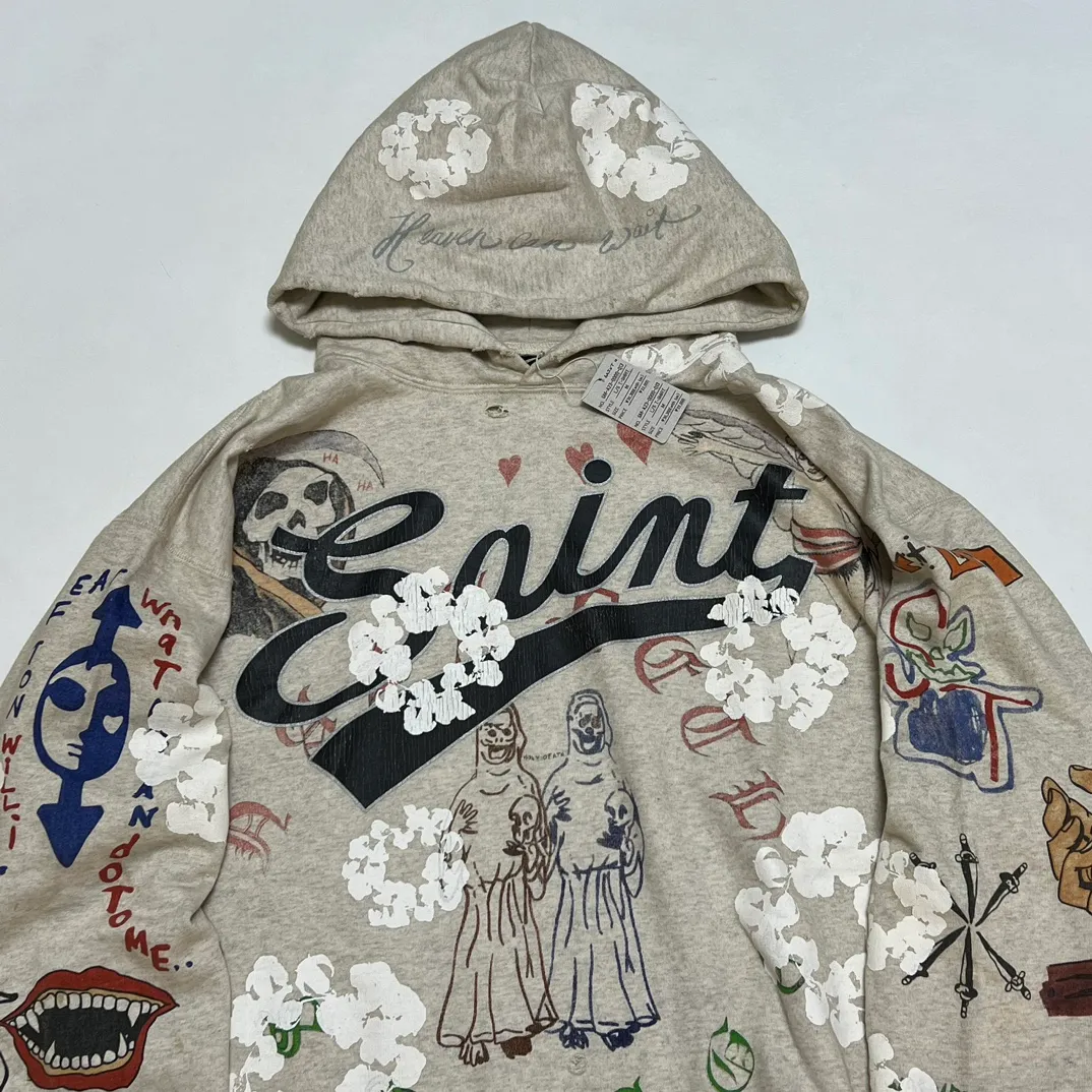 DENIM TEARS × ©SAINT M×××××× "SAINT TEARS" Graffiti Hoodie Joint Model Cotton Graffiti Hoodie Fully Printed Washed Distressed Holes Vintage Sweatshirt Gray S-XL Super Heavy Duty! The whole piece is printed with 35 screens and counterpoint printing!